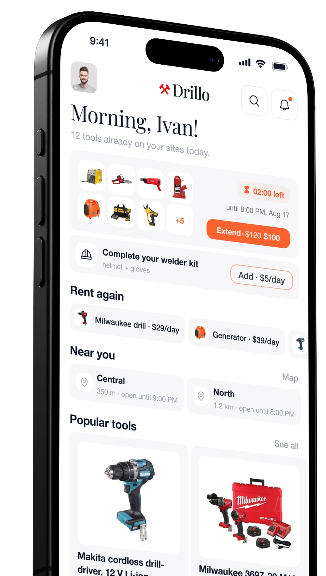 Drillo app: tool catalog and active bookings