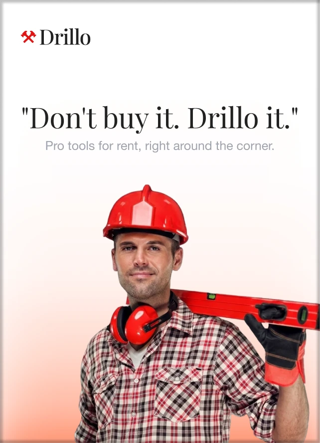 Drillo brand poster featuring a craftsperson and tools